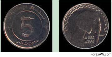 Монета номиналом 5 алжирских динаров 2010 года выпуска